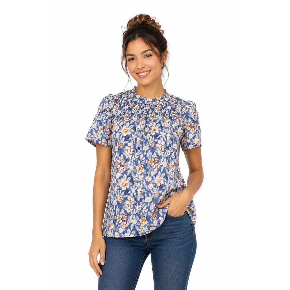 Mod Boutique Blue Pink Floral Smocked Blouse Top Sz S